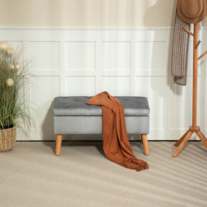 Sitzbank Samtoptik mit Stauraum Gummiholz 102x35x43cm Grau
