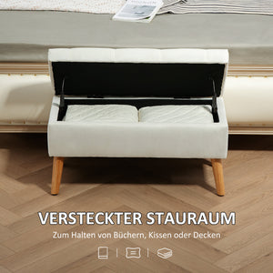Sitzbank Samtoptik mit Stauraum Gummiholz 102x35x43cm Weiss