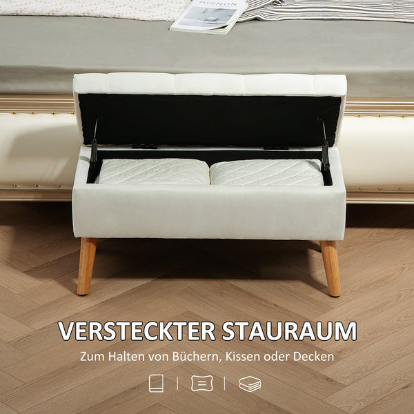 Sitzbank Samtoptik mit Stauraum Gummiholz 102x35x43cm Weiss