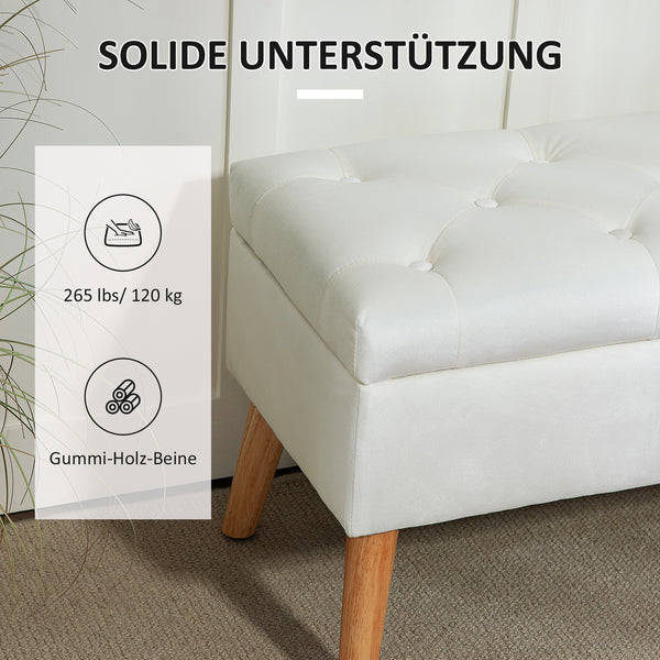 Sitzbank Samtoptik mit Stauraum Gummiholz 102x35x43cm Weiss