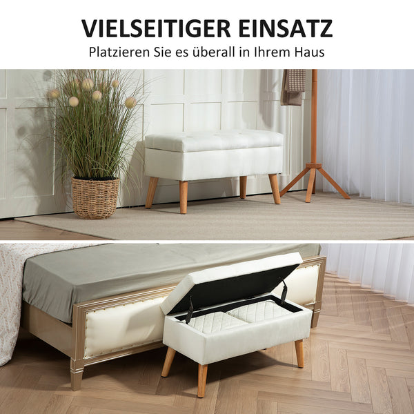 Sitzbank Samtoptik mit Stauraum Gummiholz 102x35x43cm Weiss