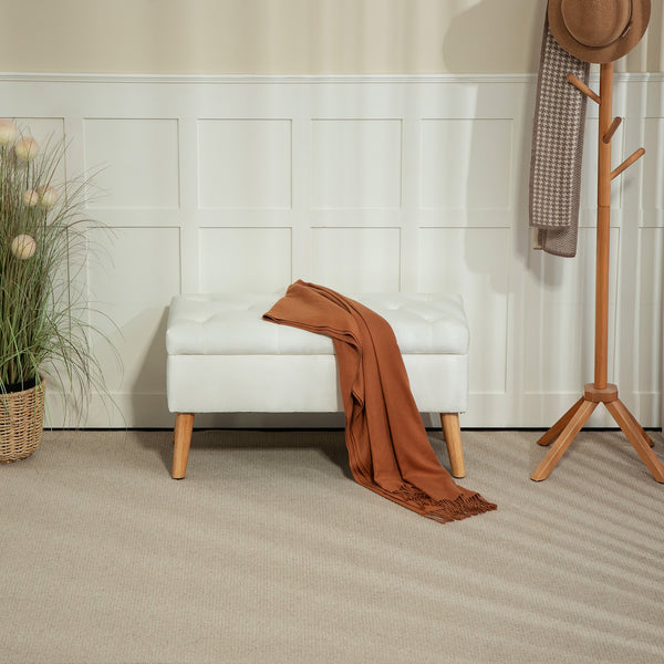 Sitzbank Samtoptik mit Stauraum Gummiholz 102x35x43cm Weiss