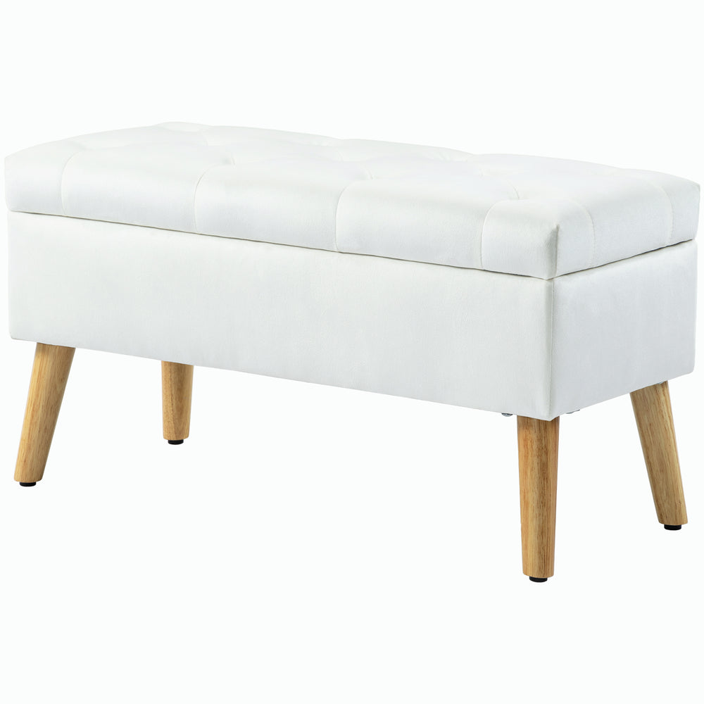 Panca effetto velluto con vano contenitore, legno di caucciù, 102x35x43cm, bianco
