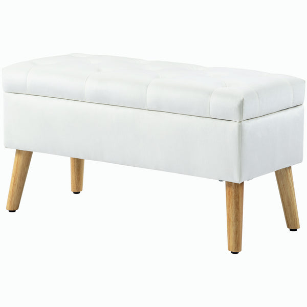 Sitzbank Samtoptik mit Stauraum Gummiholz 102x35x43cm Weiss
