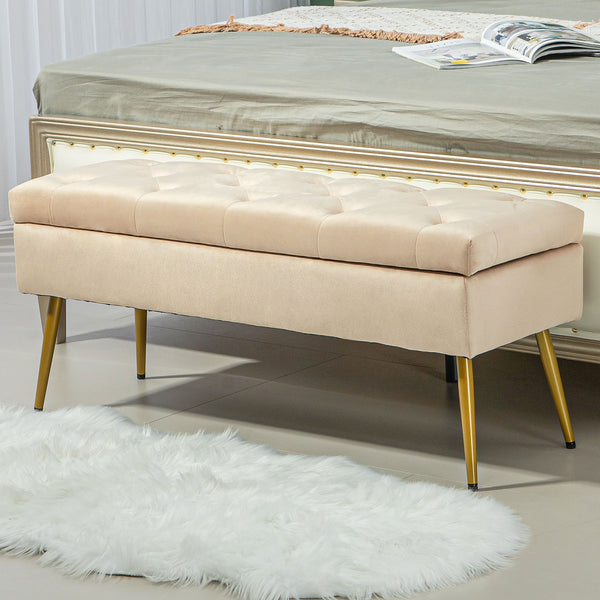Sitzbank Samtoptik mit Stauraum Metallrahmen 102x35x43cm Beige