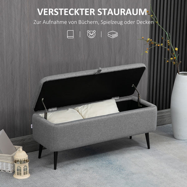 Sitzbank Polsterbank mit Stauraum und Stahlbeinen Leinenoptik grau
