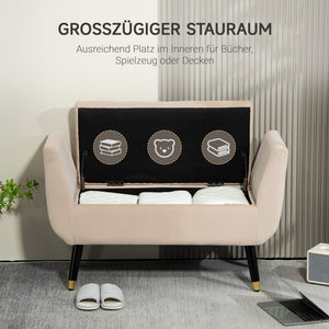 Sitzbank mit Stauraum Armlehnen & Samtoptik 107x42x65cm Beige