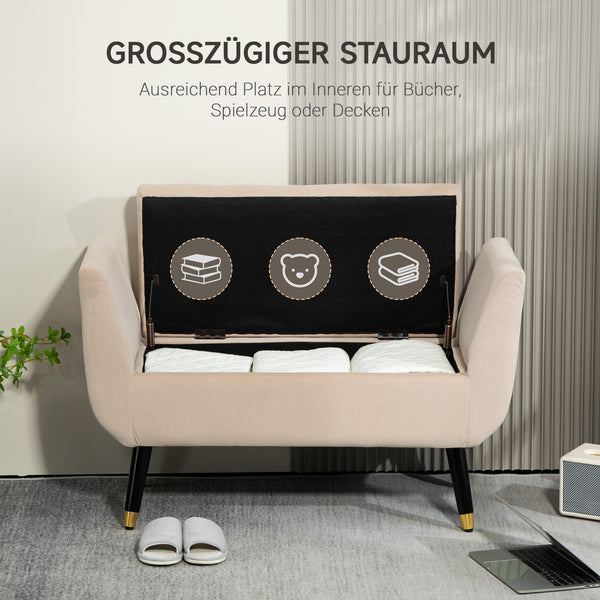 Sitzbank mit Stauraum Armlehnen & Samtoptik 107x42x65cm Beige