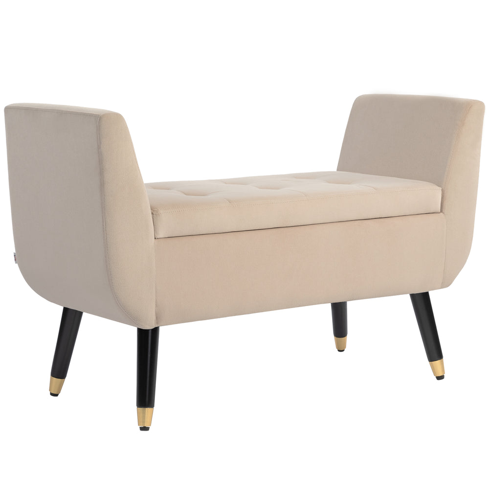 Panca con contenitore, braccioli e effetto velluto, 107x42x65cm, beige