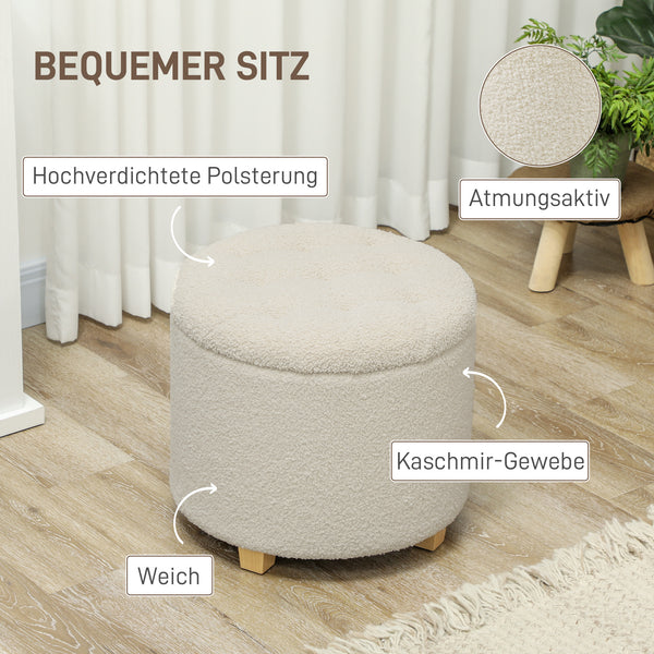 Sitzbank mit Stauraum & Kaschmiroptik Holzrahmen Ø45x41cm Cremeweiss