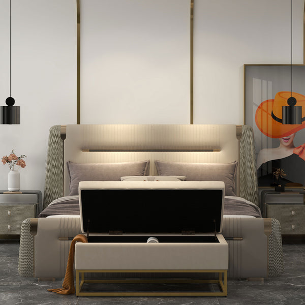 Sitzbank mit Stauraum Samtoptik für Wohnzimmer Beige