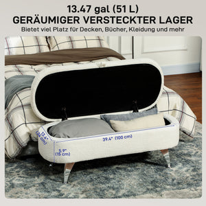 Sitzbank Teddysamtoptik mit Stauraum Metallrahmen 114x47x46.5cm Weiss