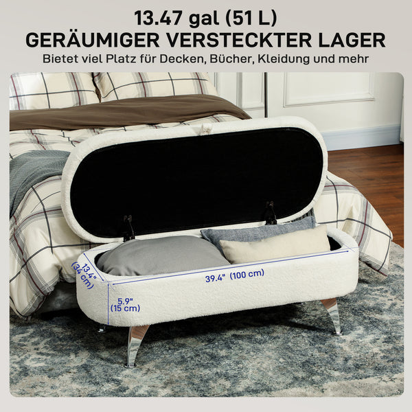 Sitzbank Teddysamtoptik mit Stauraum Metallrahmen 114x47x46.5cm Weiss