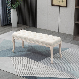 Sitzbank Polsterbank Vintage aus Gummiholz & Leinen Beige