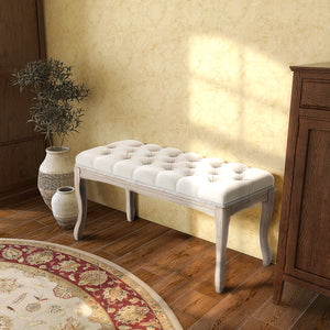 Sitzbank Polsterbank Vintage aus Gummiholz & Leinen Beige