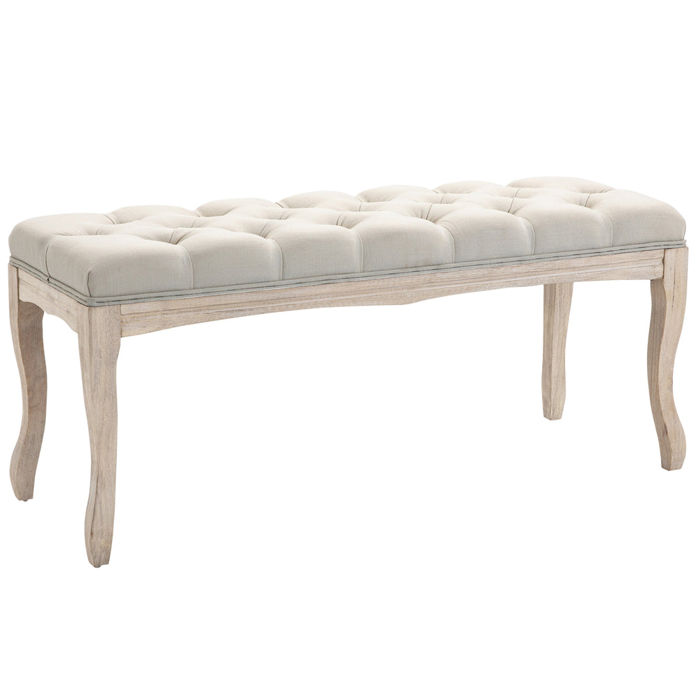 Panca imbottita vintage in legno di caucciù e lino, beige