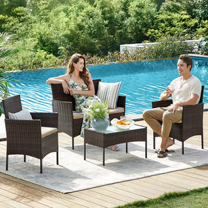 Sitzgruppe Rattan Gartenbank Gartensessel Gartentisch 4-teilig Rattan Natur