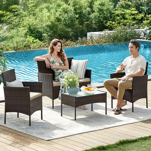 Sitzgruppe Rattan Gartenbank Gartensessel Gartentisch 4-teilig Rattan Natur