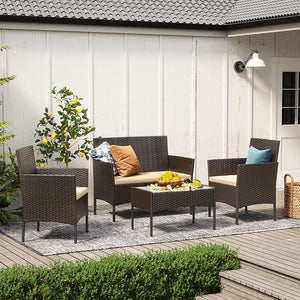 Sitzgruppe Rattan Gartenbank Gartensessel Gartentisch 4-teilig Rattan Natur
