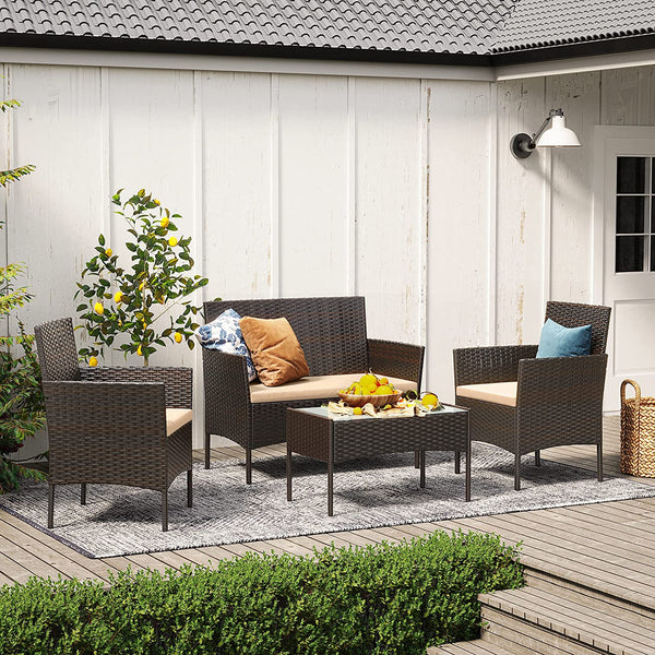 Sitzgruppe Rattan Gartenbank Gartensessel Gartentisch 4-teilig Rattan Natur