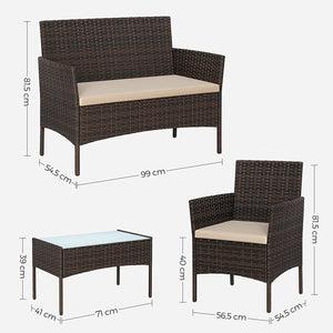 Sitzgruppe Rattan Gartenbank Gartensessel Gartentisch 4-teilig Rattan Natur