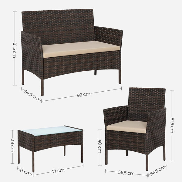 Sitzgruppe Rattan Gartenbank Gartensessel Gartentisch 4-teilig Rattan Natur