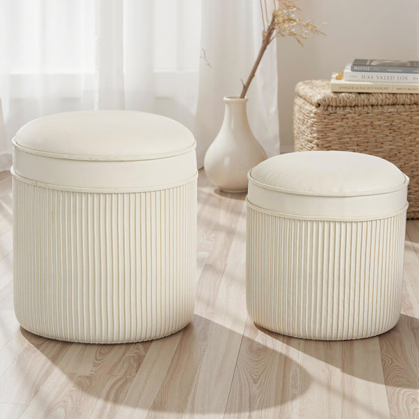 Sitzhocker rund 2er Set mit Stauraum Samtoptik cremeweiss
