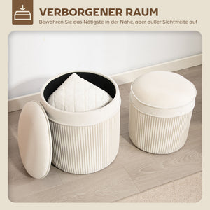 Sitzhocker rund 2er Set mit Stauraum Samtoptik cremeweiss