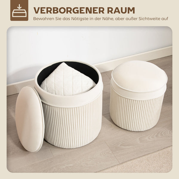 Sitzhocker rund 2er Set mit Stauraum Samtoptik cremeweiss