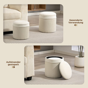 Sitzhocker rund 2er Set mit Stauraum Samtoptik cremeweiss