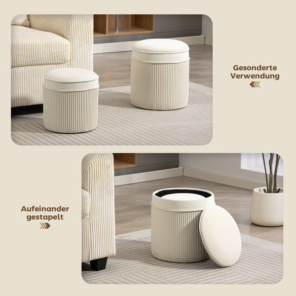Sitzhocker rund 2er Set mit Stauraum Samtoptik cremeweiss