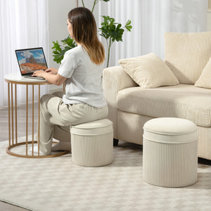 Sitzhocker rund 2er Set mit Stauraum Samtoptik cremeweiss