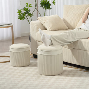 Sitzhocker rund 2er Set mit Stauraum Samtoptik cremeweiss