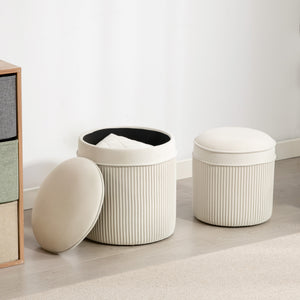 Sitzhocker rund 2er Set mit Stauraum Samtoptik cremeweiss