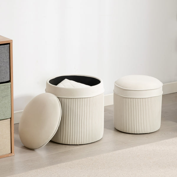 Sitzhocker rund 2er Set mit Stauraum Samtoptik cremeweiss