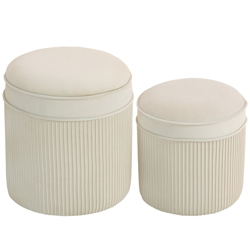 Sitzhocker rund 2er Set mit Stauraum Samtoptik cremeweiss