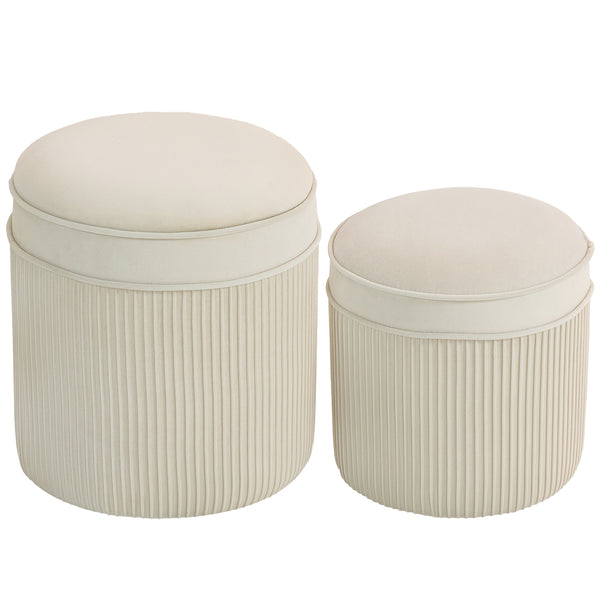 Sitzhocker rund 2er Set mit Stauraum Samtoptik cremeweiss