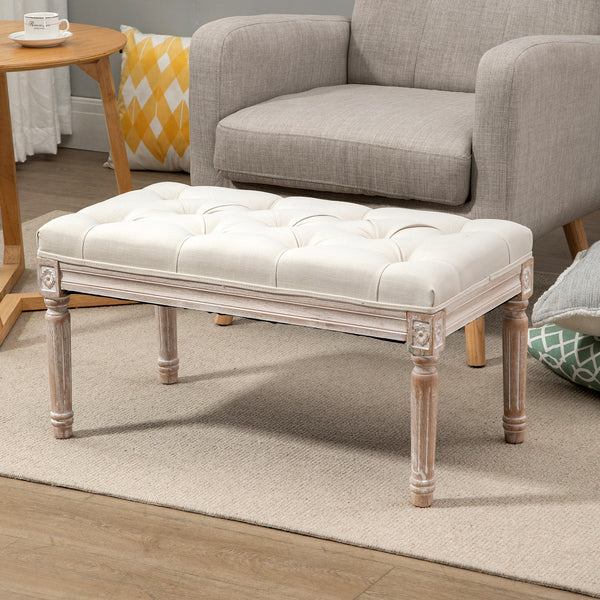 Sitzhocker mit gepolstertem Sitz und Holzbeinen Leinenoptik Cremeweiss