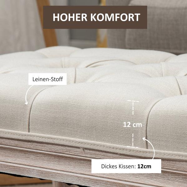 Sitzhocker mit gepolstertem Sitz und Holzbeinen Leinenoptik Cremeweiss