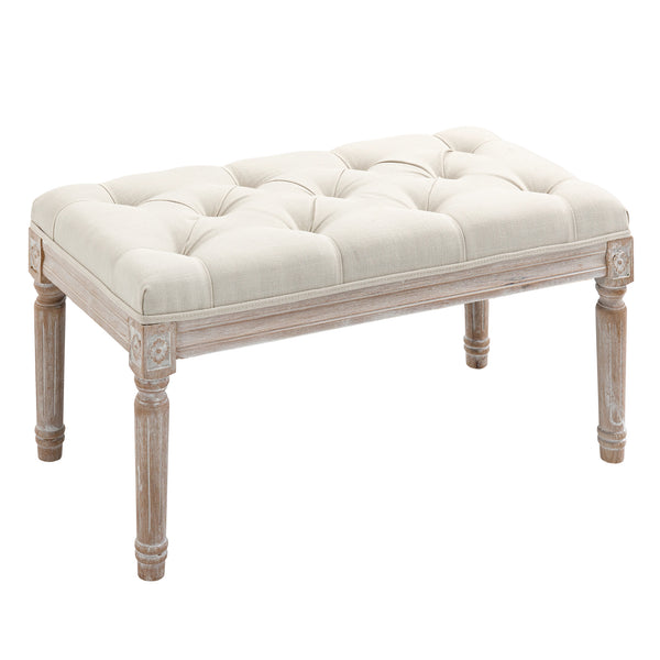 Sitzhocker mit gepolstertem Sitz und Holzbeinen Leinenoptik Cremeweiss