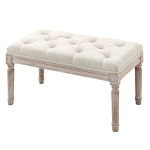 Sitzhocker mit gepolstertem Sitz und Holzbeinen Leinenoptik Cremeweiss