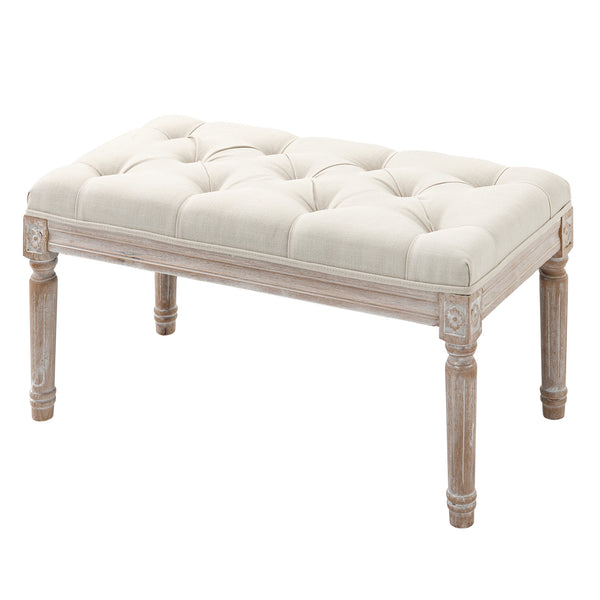 Sitzhocker mit gepolstertem Sitz und Holzbeinen Leinenoptik Cremeweiss