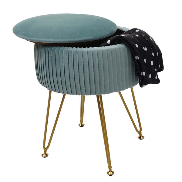 Sitzhocker mit Staufach Ø33cm Samt-Optik grün Gestell gold