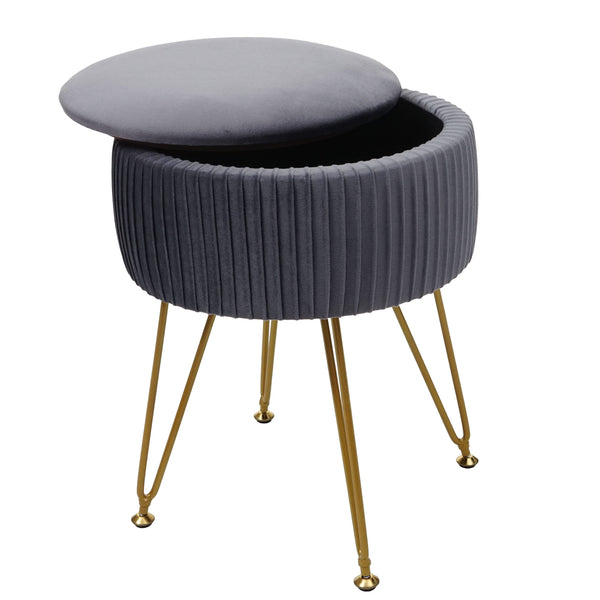 Sitzhocker mit Staufach Ø33cm Samt-Optik hellgrau Gestell gold