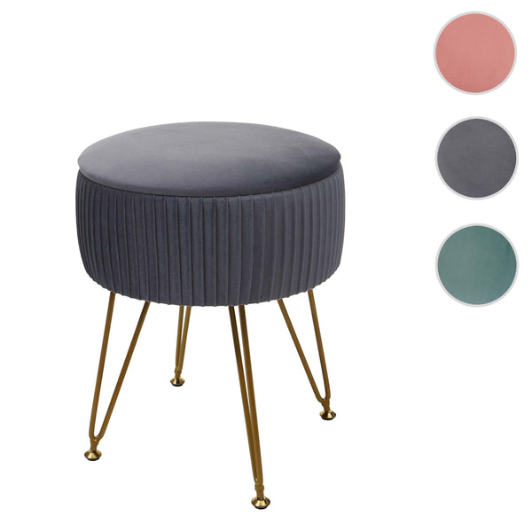Sitzhocker mit Staufach Ø33cm Samt-Optik hellgrau Gestell gold