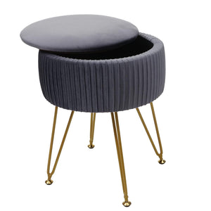 Sitzhocker mit Staufach Ø33cm Samt-Optik hellgrau Gestell gold