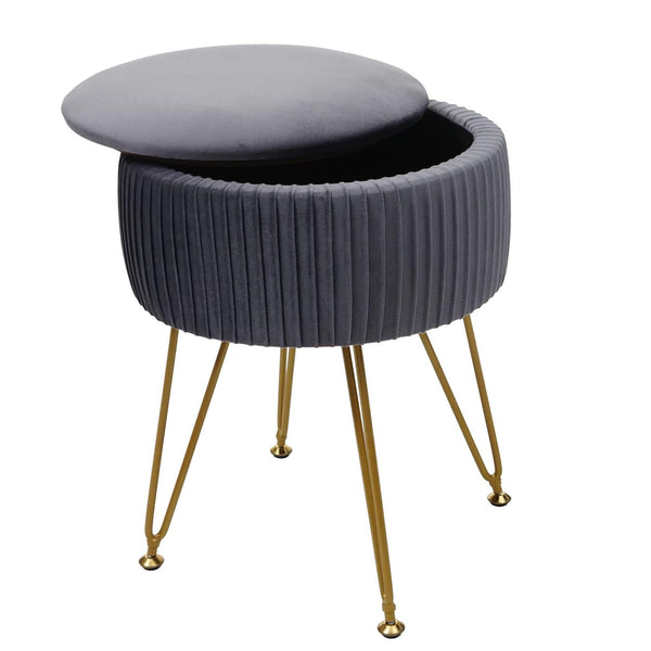 Sitzhocker mit Staufach Ø33cm Samt-Optik hellgrau Gestell gold