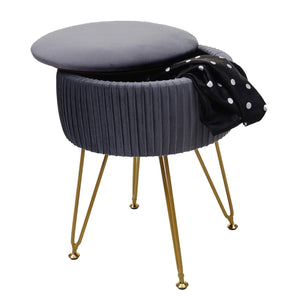 Sitzhocker mit Staufach Ø33cm Samt-Optik hellgrau Gestell gold