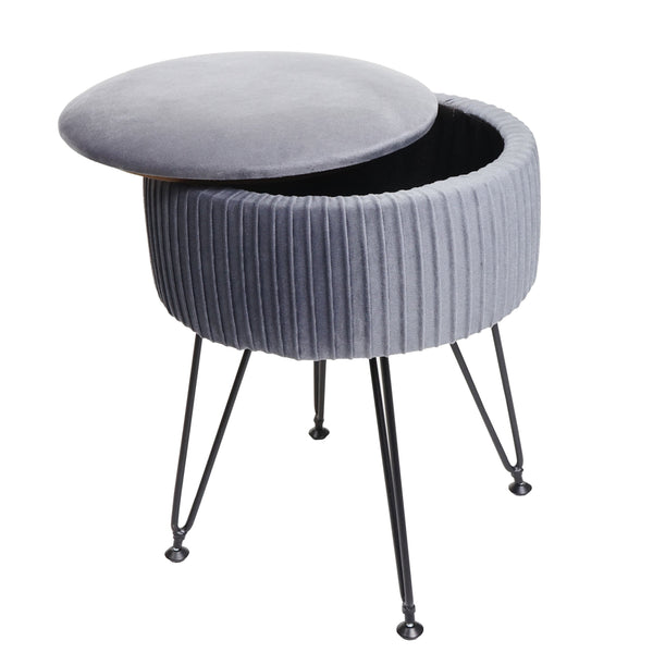 Sitzhocker mit Staufach Ø33cm Samt-Optik hellgrau Gestell schwarz