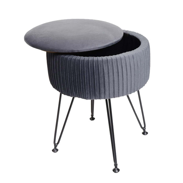 Sitzhocker mit Staufach Ø33cm Samt-Optik hellgrau Gestell schwarz